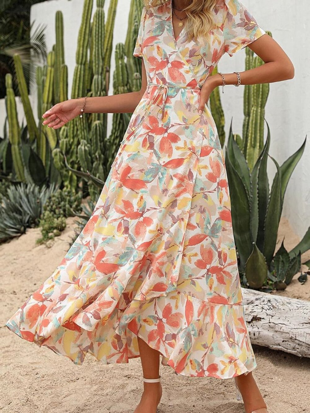 PRETTYGARDEN White Floral Wrap Boho Maxi Dress L #3 - Picture 7 of 9
